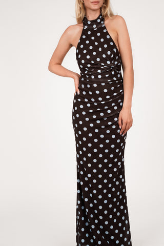 Halter maxi jurk dots bruin/blauw - Jazz
