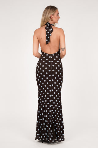 Halter maxi jurk dots bruin/blauw - Jazz
