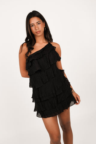 One shoulder jurkje met ruffles zwart - Saphire