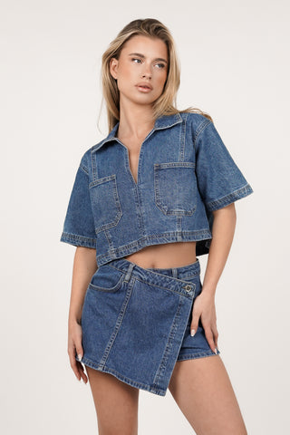 Denim cropped top donker blauw - Gabby