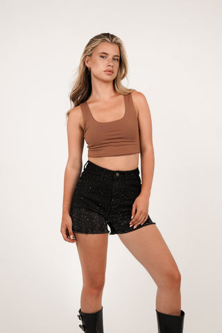 Denim short high waist strass zwart - Colorado