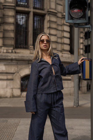 Denim top met strikdetails donker blauw - Teddy