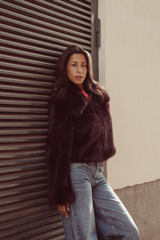 Faux fur jas met rits bordeaux - Fay