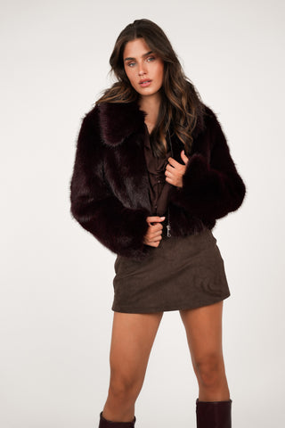 Faux fur jas met rits bordeaux - Fay
