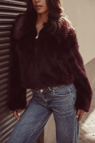 Faux fur jas met rits bordeaux - Fay