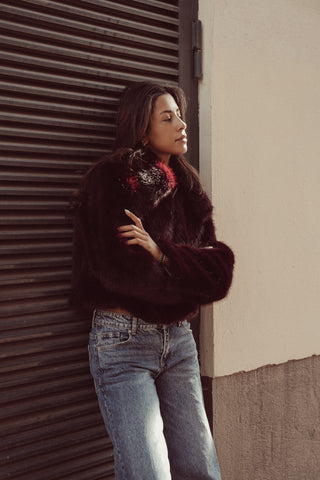 Faux fur jas met rits bordeaux - Fay