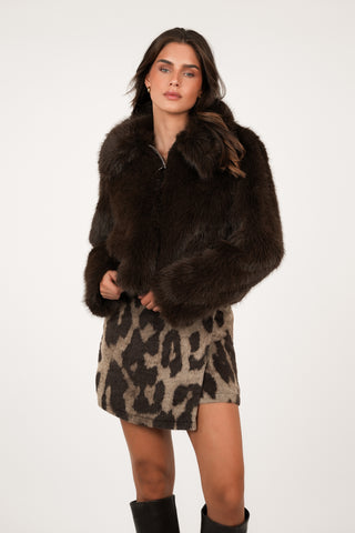 Faux fur jas met rits choco bruin - Fay