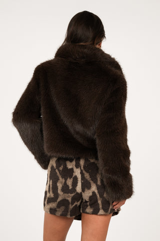 Faux fur jas met rits choco bruin - Fay