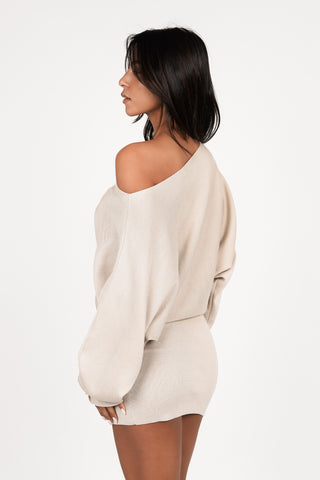 Gebreide rib jurk met wijde mouwen beige - Kyra