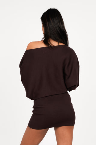 Gebreide rib jurk met wijde mouwen bruin - Kyra