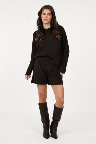 Gebreide short met kabelpatroon bruin - Margo