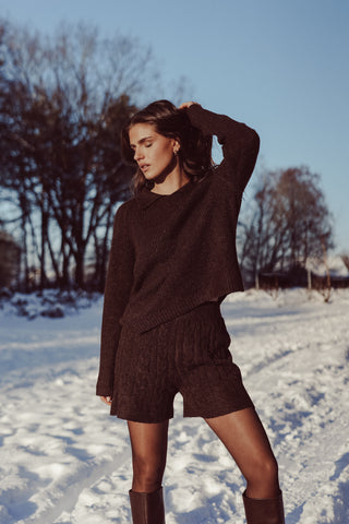 Gebreide short met kabelpatroon bruin - Margo