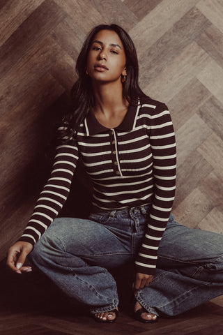 Gestreepte bodysuit met kraag beige/bruin - Lulu