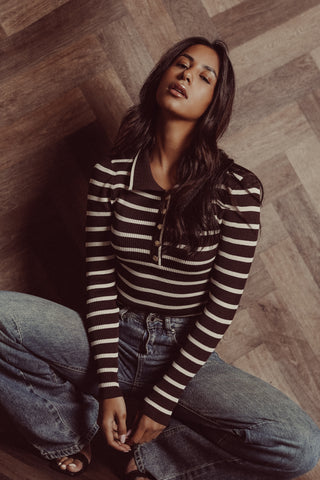 Gestreepte bodysuit met kraag beige/bruin - Lulu