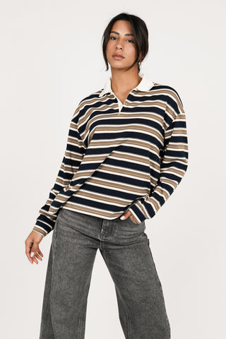 Gestreepte polo met lange mouwen beige - Ariana