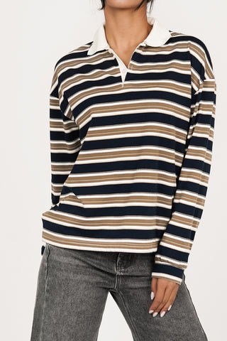 Gestreepte polo met lange mouwen beige - Ariana