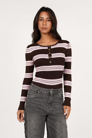 Gestreepte rib bodysuit bruin/roze - Scotty