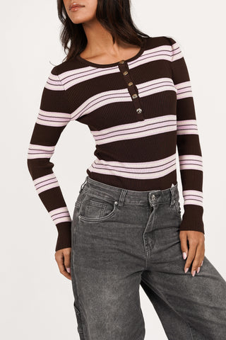 Gestreepte rib bodysuit bruin/roze - Scotty