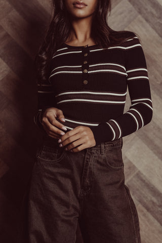 Gestreepte rib bodysuit bruin/zwart - Scotty