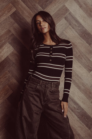 Gestreepte rib bodysuit bruin/zwart - Scotty