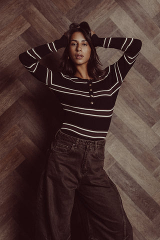 Gestreepte rib bodysuit bruin/zwart - Scotty