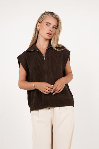 Gilet gebreid met rits bruin - Mexi