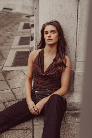 Halter bodysuit met strass bruin - Zora