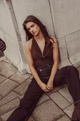 Halter bodysuit met strass bruin - Zora