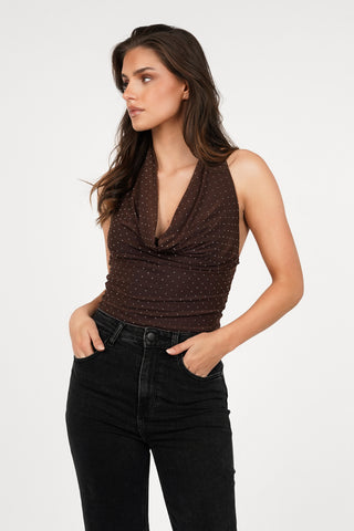 Halter bodysuit met strass bruin - Zora