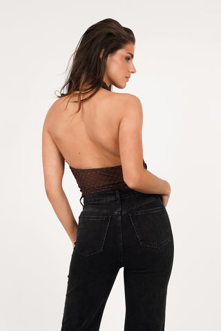 Halter bodysuit met strass bruin - Zora