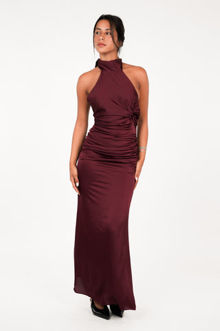 Halter maxi jurk satijn bordeaux - Jazz