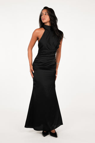 Halter maxi jurk satijn zwart - Jazz