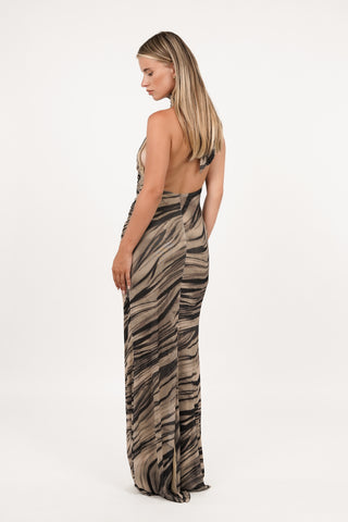 Halter maxi jurk zebra taupe - Jazz