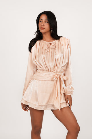 Petite jurkje met lange mouw satin look beige - Morgan