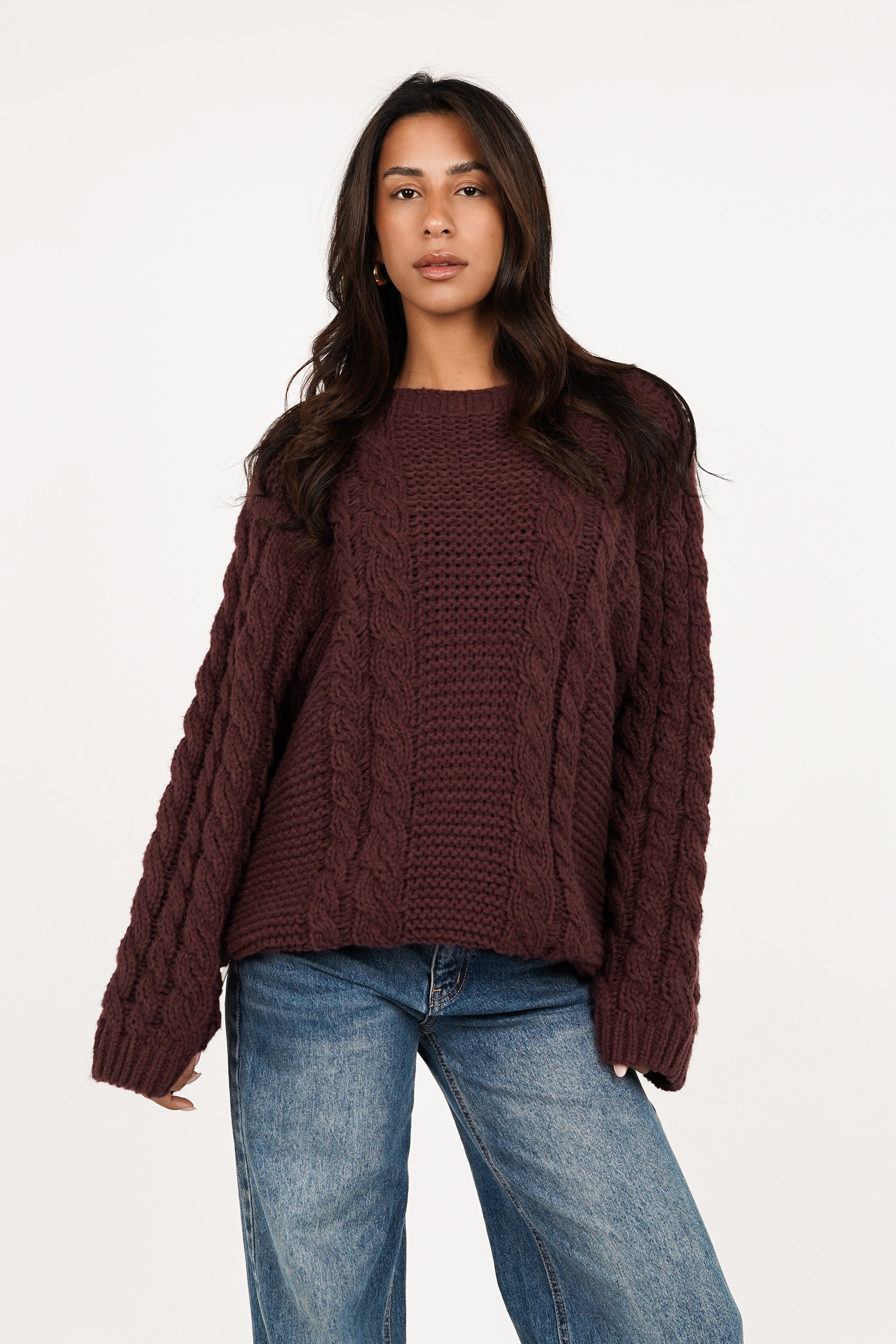 Oversized burgundy cable knit sweater | Knitwear 2025