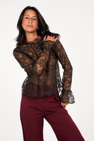 Kanten blouse doorschijnend bruin - Dunya