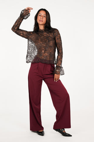 Kanten blouse doorschijnend bruin - Dunya