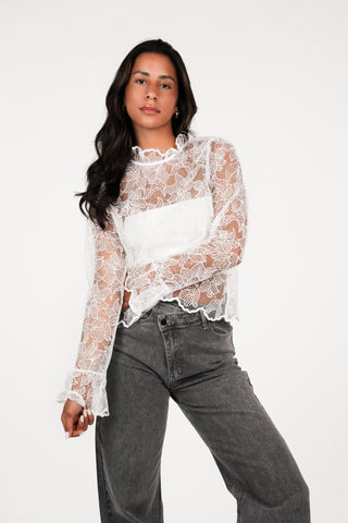Kanten blouse doorschijnend wit - Dunya