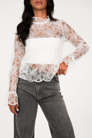 Kanten blouse doorschijnend wit - Dunya