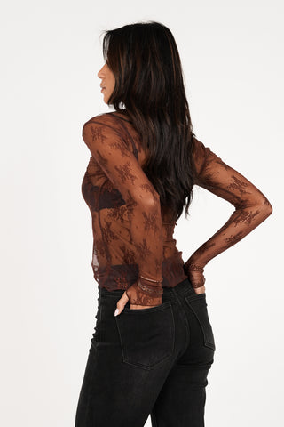 Kanten top doorschijnend bruin - Bodil