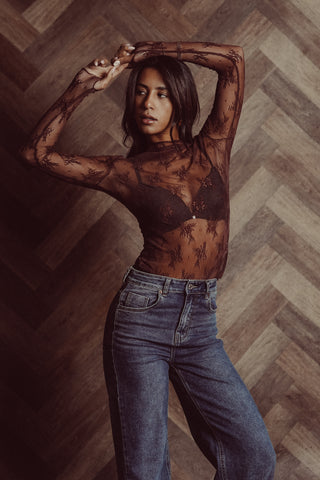 Kanten top doorschijnend bruin - Bodil