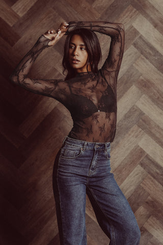 Kanten top doorschijnend bruin - Bodil