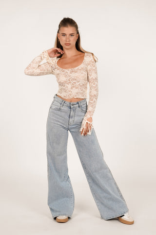 Kanten top met strikdetail creme - Liddy