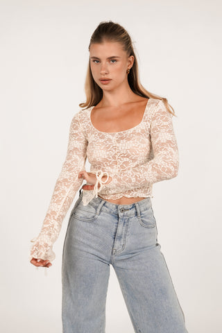 Kanten top met strikdetail creme - Liddy