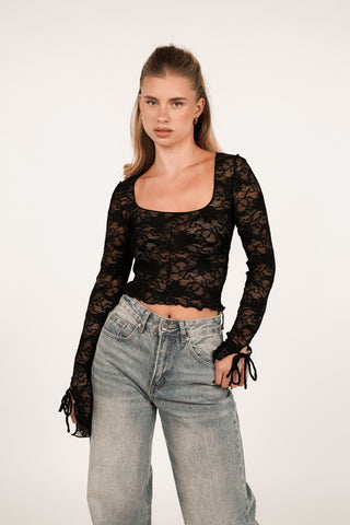 Kanten top met strikdetail zwart - Liddy
