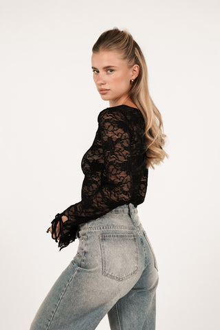 Kanten top met strikdetail zwart - Liddy