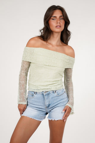 Kanten top off shoulder mint groen - Nanny
