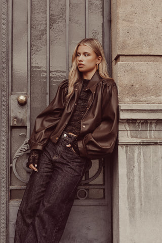 Leatherlook jasje met gouden knopen bruin - Emma