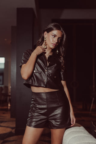 Leatherlook korte mouw blouse bruin - Tori