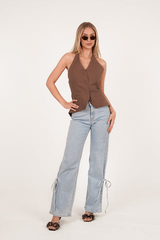 Linnen gilet open back bruin - Payton